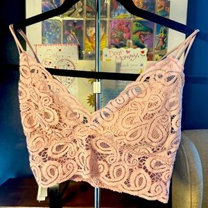 Pink,pink lace shirt, spaghetti straps, crop top, size small
